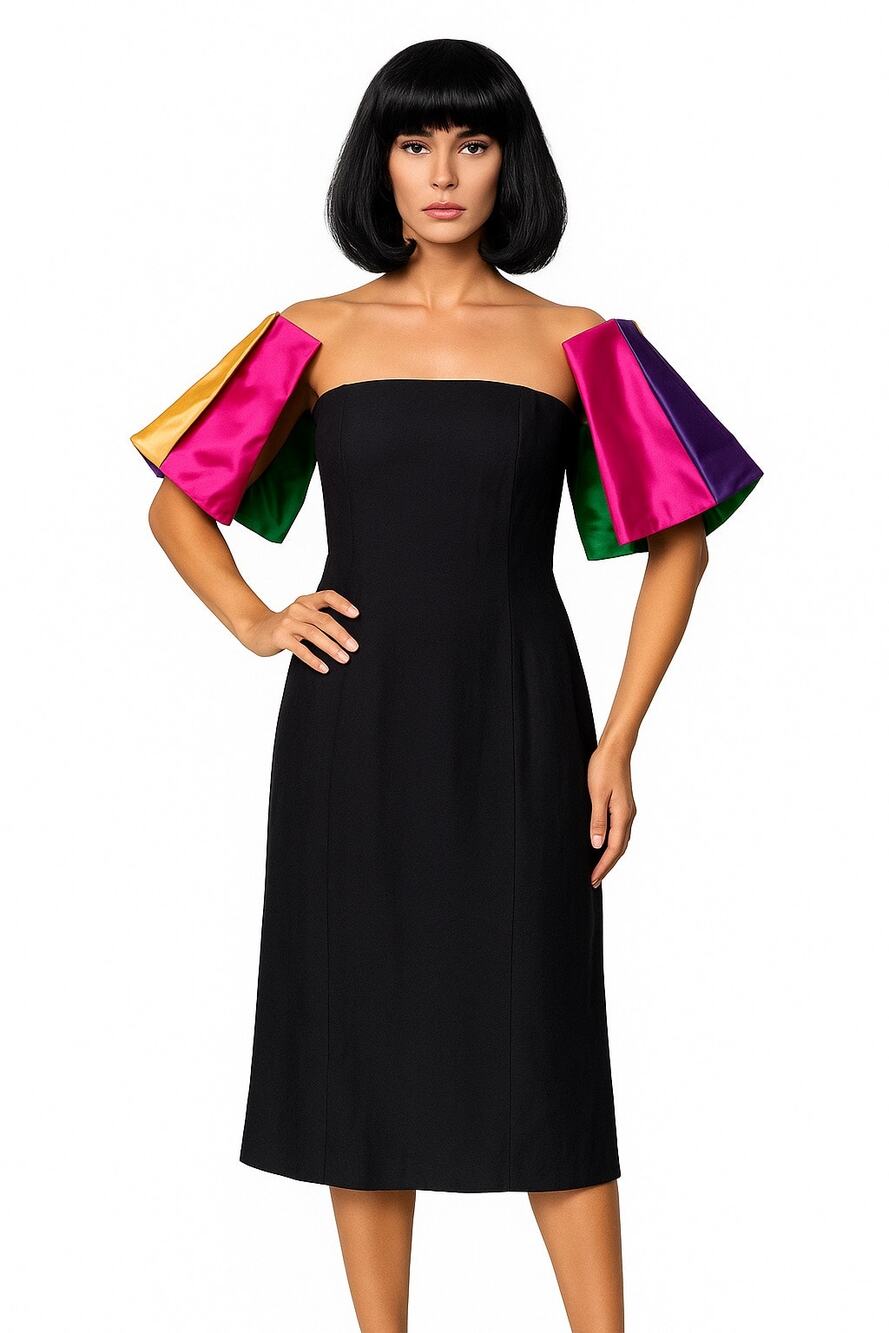 Vintage 80's black with off shoulder multi colors puff satin sleeves size s-m